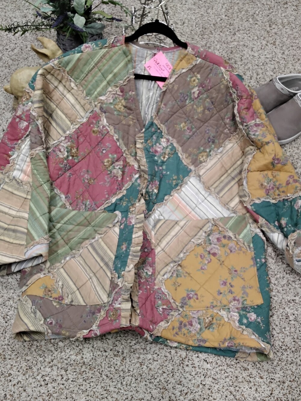 4083 1X- 2X Handmade Quilted Patchwork Jacket – Browns, Gold, Green Floral Color